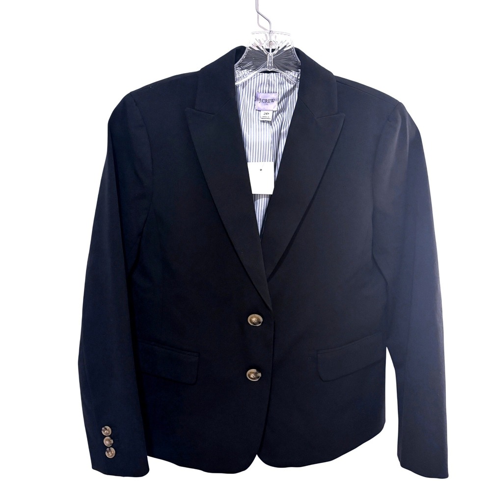 New J.Crew Blazer Women 2 Petite Black Two Button Front Cotton Blend Stretch